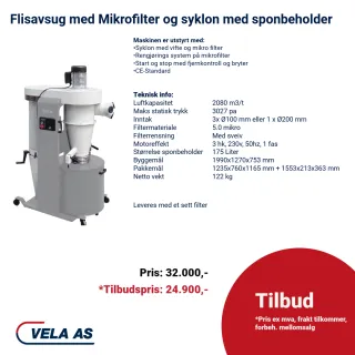Flisavsug med Mikrofilter og syklon med spon beholder