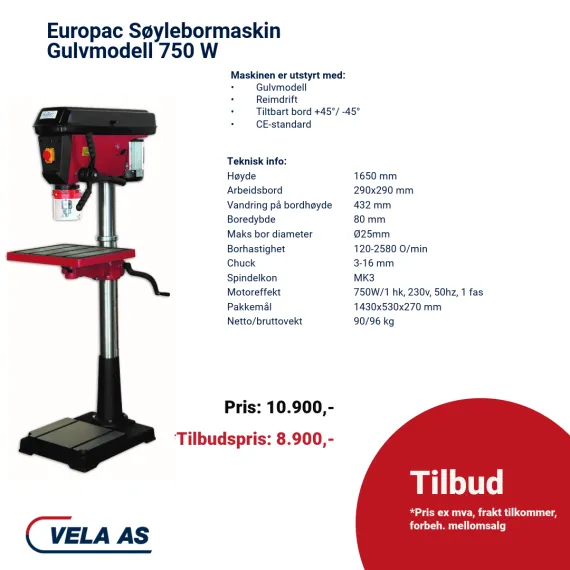 Europac Søylebormaskin Gulvmodell 750 W