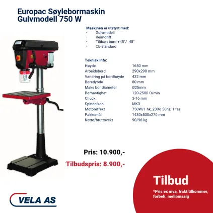 Europac Søylebormaskin Gulvmodell 750 W